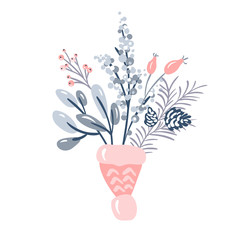 Merry christmas vector invitation bouquet of flowers and pine branch. Cartoon cute scandinavian style greeting card template