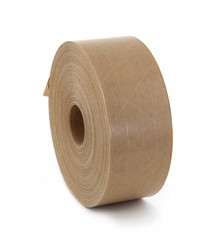 Reel with brown paper stickers labels isolated on the white background. Labels for thermo printer...