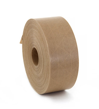 Reel with brown paper stickers labels isolated on the white background. Labels for thermo printer for bar codes to mark goods. They are environmentally friendly and recyclable.