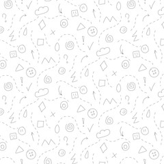 Seamless vector black and white pattern of various hand-drawn elements.