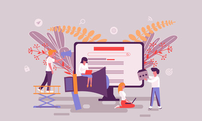 Flat web page design template of advertising homepage or header decorated people character for website and mobile website development. Flat landing page template. Vector illustration.