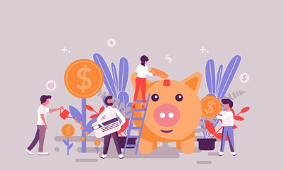 Flat web page design template of investment homepage or header decorated people character for website and mobile website development. Flat landing page template. Vector illustration.