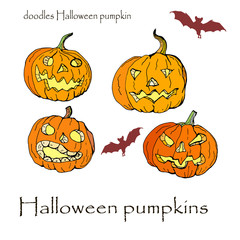 set of Halloween pumpkins, and silhouettes of bats , vector isolated image on a white background, Doodle, creepy  