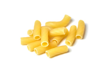 Tortiglioni italian pasta isolated on white background. Short pasta with ribbed surface and straight cut