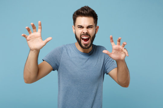 Young crazy man in casual clothes posing isolated on blue background in studio. People sincere emotions lifestyle concept. Mock up copy space. Shouting, growling like animal, making cat claws gesture.
