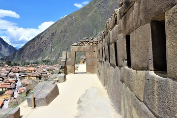 Inca ruins at the archeological site of Ollantaytambo in the sacred valley of Peru