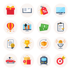Gift box, checklist, air balloon vector icons. Prize winner, package return, trophy award buttons. Book, discount tags, car rentals icons. Report checklist, winner medal, cash money vector buttons.