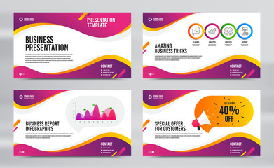 Layout design with cover page. Report presentation slide. Brochure templates. Infographics timeline page. Discounts special offer. Business presentation cover layout. Newsletter slide. Vector brochure