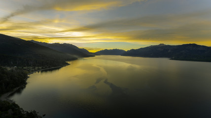 Panoramic view of sunset on Traful Lake. Autumn, Patagonia Argentina.
