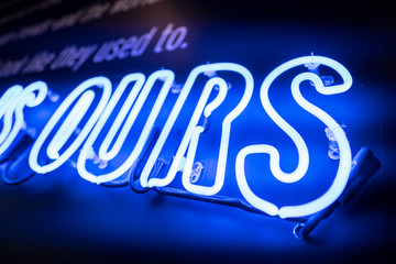 ours worrds neon design glass shinw glow letter concepto sign road signal night special blue cast particule fx visual idea creative art