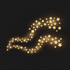 Vector golden waves. Glowing stars on dark transparent background.