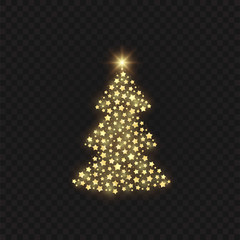 Golden christmas tree on dark transparent background