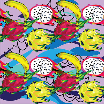 Seamless pattern with exotic fruits. Dragon fruit. Juicy colorful background, summer.