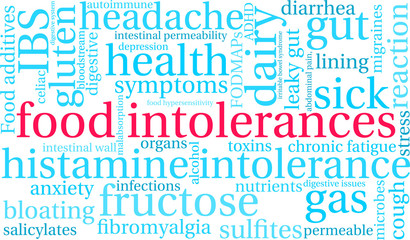 Food Intolerances Word Cloud on a white background. 