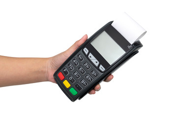 woman holding modern payment terminal isolated on white background with copy space