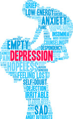 Depression Word Cloud on a white background. 