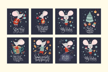 Christmas funny cartoon mouse set in a flat style with hand drawn lettering quote. Winter vector poster collection with cute New Year mice.