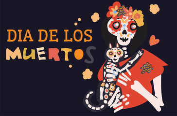 Dia de los muertos celebration card with cute cartoon female skeleton woman holding cat, flowers hand drawn in traditional style. Text translation: Day of the Dead.