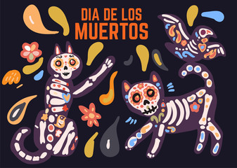Dia de los muertos celebration card with cute cartoon cat and bird painted as sugar skull calavera, flowers in traditional style. Text translation: Day of the Dead.