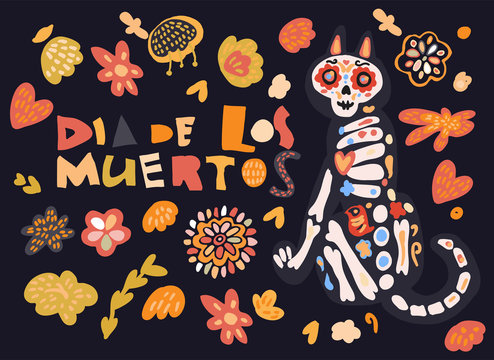 Dia de los muertos celebration card with cute cartoon cat painted as sugar skull calavera, flowers hand drawn in traditional style. Text translation: Day of the Dead.