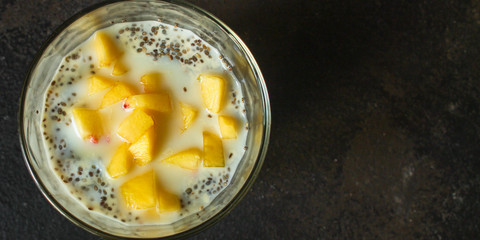 chia pudding fruit (tasty and wholesome breakfast, dessert) menu concept. food background. copy space. Top view
