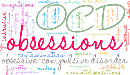 Obsessions with OCD Word Cloud on a white background. 