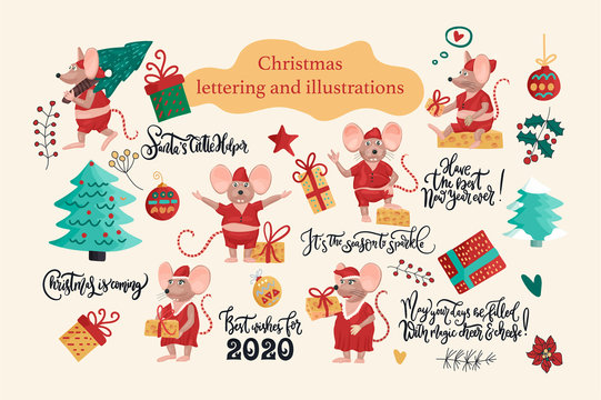 Flat vector set off little mouse with cheese in different poses. Christmas greeting illustrations with cute mice, decorations and lettering quotes.