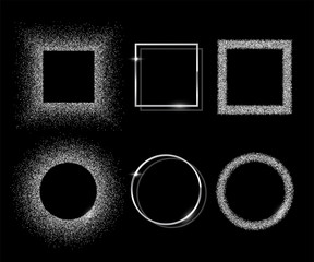 Silver shiny round and square frames with shadows isolated on black background. Vector chrome luxury realistic border set.