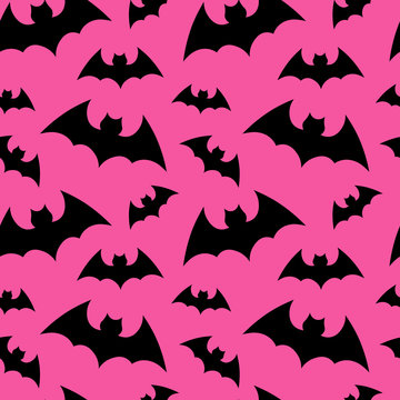 Vector pattern background with bats silhouettes for halloween design. Seammles pattern swarm of bats on the pink background. Happy Halloween