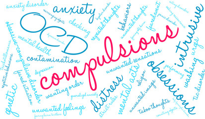 Compulsions with OCD Word Cloud on a white background. 