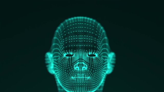 Many points connected by thin threads form a bright futuristic shape of the head of a person or a robot on black background. Computer generated 3d rendering