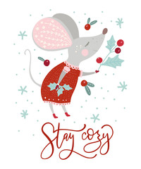 Christmas funny cartoon mouse in a flat style with hand drawn lettering quote - winter magic. Winter vector poster with cute New Year mice.