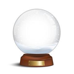 Snow globe with shiny snow and golden badge on brown wooden base. Vector Christmas design element.