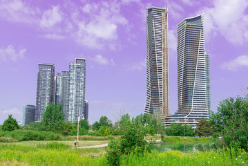 Landmark view at modern buildings near the Humber Bay Park in Etobicoke, Ontario, Canada