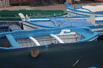 blue fishing boats on the shore with a cat on it