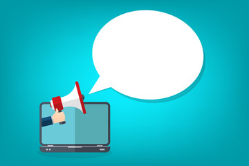 Hand holding megaphone. Laptop notebook computer screen and speech bubble background. Vector illustration