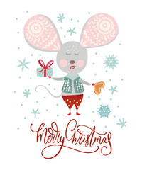 Christmas funny cartoon mouse in a flat style with hand drawn lettering quote - All I need is Tea and Warm Socks. Winter vector poster with cute New Year mice.