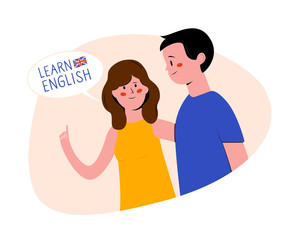 Learn english. Young woman and young man. Girl talking to boy. People with speech bubble. Flat vector illustration