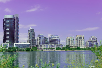 Obraz premium Landmark view at modern buildings near the Humber Bay Park in Etobicoke, Ontario, Canada