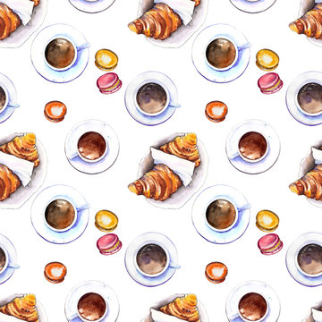 Seamless pattern with coffee cups, croissants and macaroons. Watercolor illustration isolated on white background. © JeannaDraw