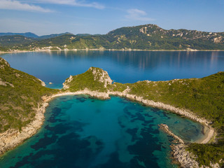 Aerial photo of Porto Timoni is an amazing beautiful double beach in Corfu, Greece