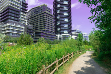 Fototapeta na wymiar Landmark view at modern buildings near the Humber Bay Park in Etobicoke, Ontario, Canada