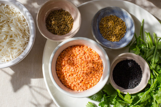 Ingredients for an Indian dish of Kitchri with smoked fish.