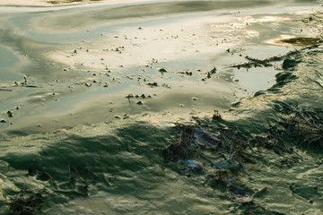 Lake water waves and ripples with algae turning water and shore turquoise