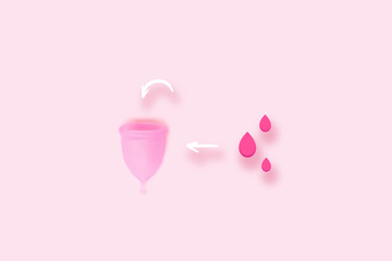 Pink menstrual cup with bood on pink background. Flat lay, top view. copy space.