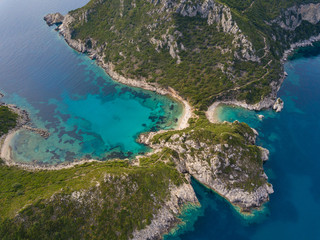 Fototapeta na wymiar Aerial top photo of Porto Timoni is an amazing beautiful double beach in Corfu, Greece