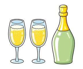 Champagne sparkling wine glasses and bottle isolated