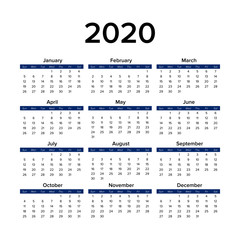 Calendar 2020 template. Simple vector editable design. Week starts on Sunday.