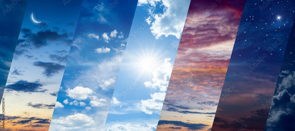 Wall mural different times of day: dawn and sunset, day and night. concept of continuous flow of time and unity