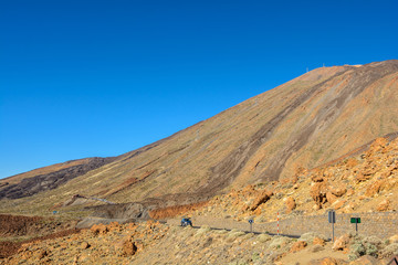 Beautiful Country roads and nature. Teide in the middle of the road.